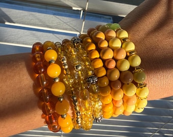 Sunset Yellow Boho Bracelets, Handmade Beaded Stackable Jewelry, Summer Beach Style Wristband