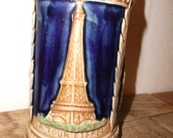 Vintage French Parisian Souvenir Tankard with Eiffel Tower, Notre Dame and Sacre Couer