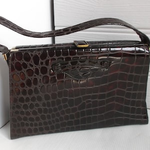 Vintage MCM Braun Mock Kroko oder Alligator Handtasche Mid Century 1950er 1960er Jahre