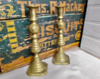 Antique English British Georgian Brass Candlesticks Circa 1800s