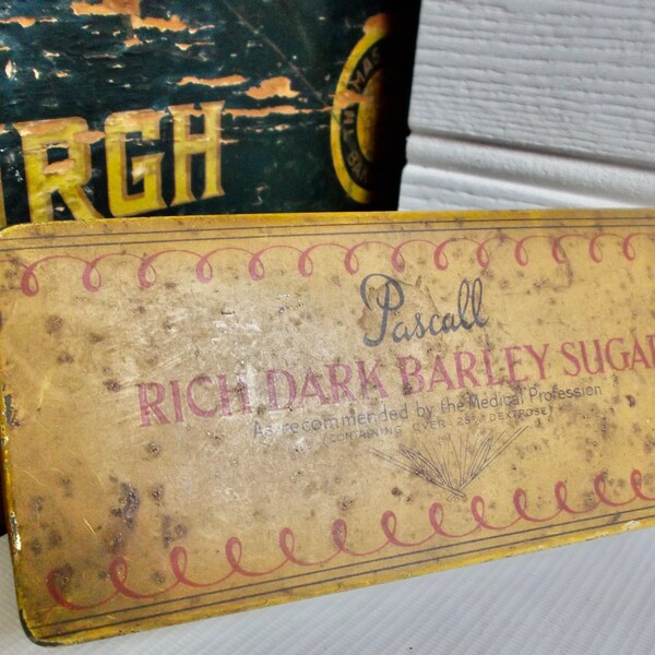 Antique English Rustic Tin Pascall Rich Dark Barley Sugar Sweets Tin Old Fashioned Medicinal Candy Box Circa 1890's