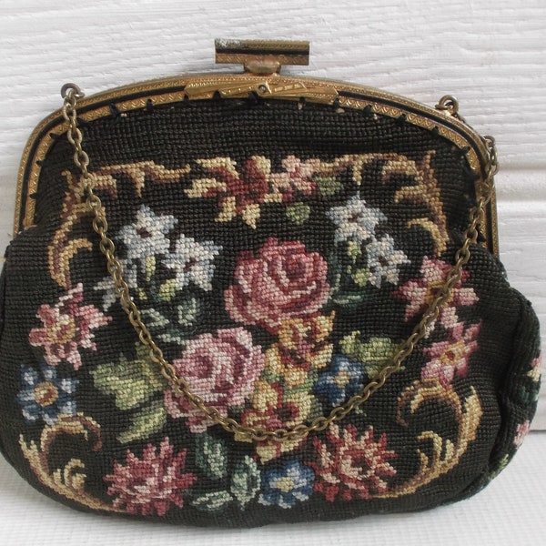 Embrague antiguo Circa 1800s 1900s Negro Needlepoint Roses Bolso Bolso Pequeño Estilo Bolso