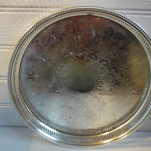 Vintage Silver Gallery Tray Chased Ornate Round Serving Tray Wedding Decor