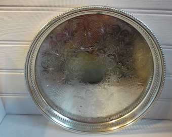 Vintage Silver Ornate Round Gallery Tray Wedding Decor