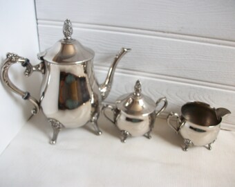 Vintage Silver Metal High Tea Set with Teapot, Creamer, and Sugar Bowl