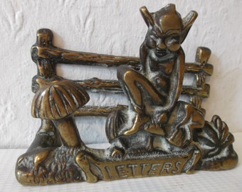Antique Brass Letter Holder Circa 1900s Vintage Pixie Elf Imp Desk Organiser