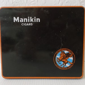 Antique English 1950s Manikin Cigar Tin Tobacco Advertising Flying Horse Graphics Tobacciana Box