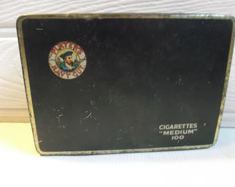 Lata de tabaco para cigarrillos inglesa grande vintage con gráficos publicitarios de jugadores, lata de tabaco cortada en azul marino