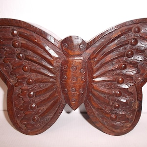 Vintage 1960s Bohemian Butterfly Jewellery Box Hand Carved Wood Boho Trinket Box Tramp Art