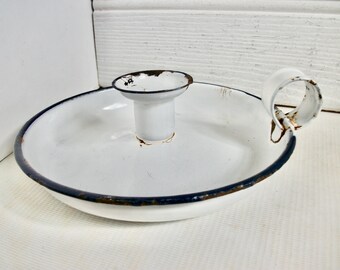 Antique French White Enamel Candleholder Metal Enamelware Candlestick Holder