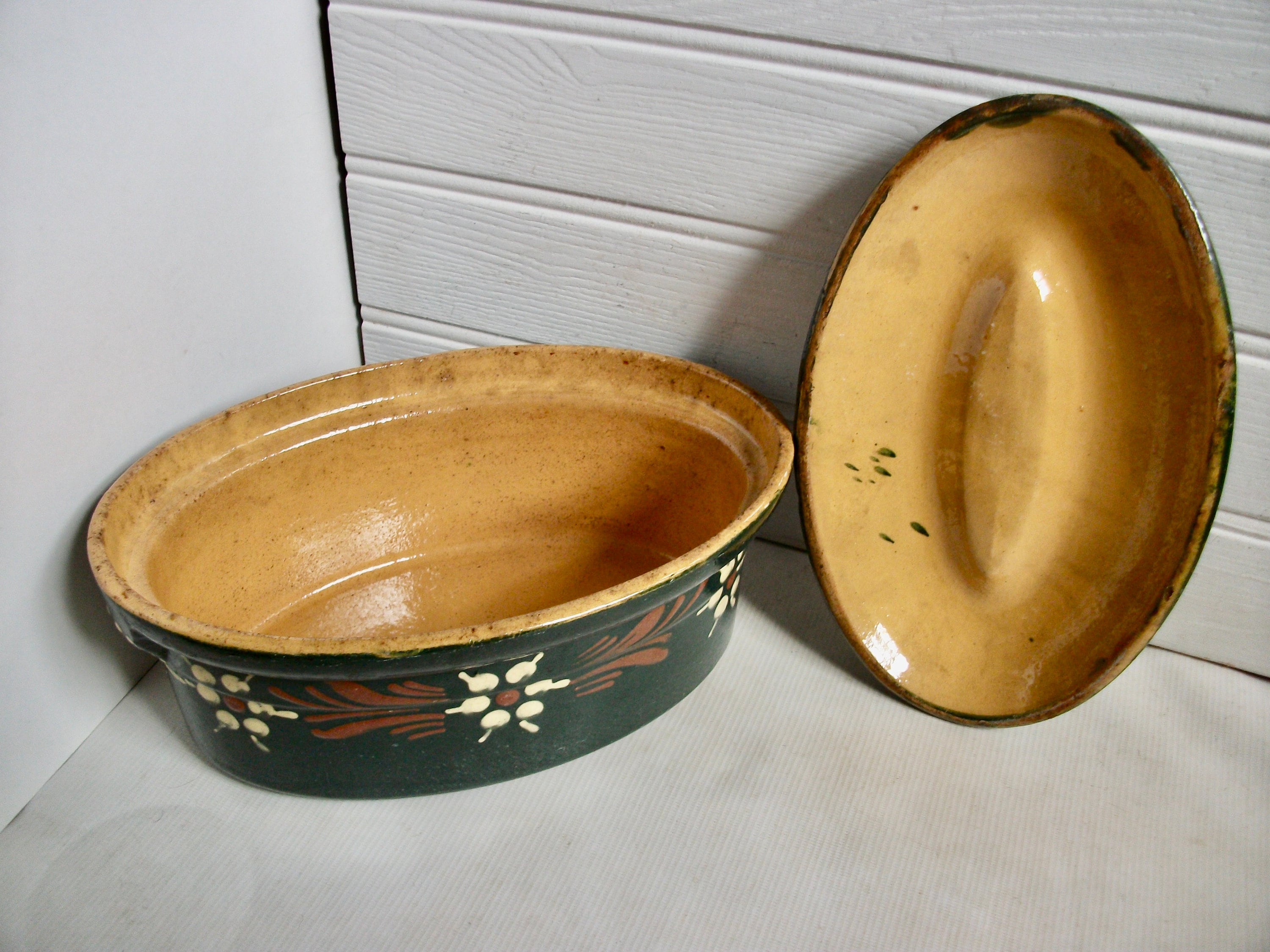 アンティーク フランス アルザス 陶器 キャセロール 蓋付き皿 調理鍋