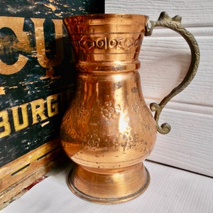 Antique Ornate Copper and Brass Repousse Tankard Pitcher Ale Jug