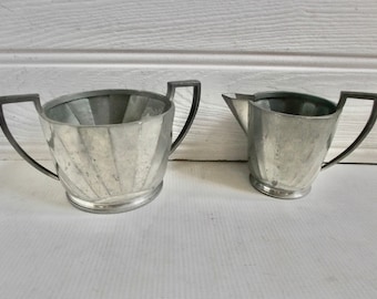 Vintage Art Deco English Hammered Pewter Sugar and Creamer Milk Jug Pitcher Tea Set 1920s