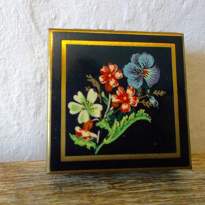 Antique English Brass Pill Box Snuff Box Vintage Boudoir Metal Mirrored Flowers Box