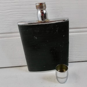 Mens Vintage Pocket Hip Flask with Shot Cup Leather and Silver Liquor Container
