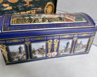 Boîte de coffre au trésor en étain de bonbons allemands vintage Conteneur de stockage de souvenirs de confiserie moderne du milieu du siècle