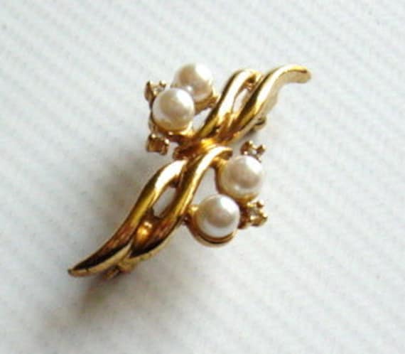 Vintage 1950s 1960s MCM Pearl and Rhinestone Gold… - image 1