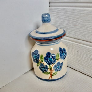 Peut inclure: Un pot en céramique blanche avec un couvercle, décoré de fleurs bleues et de feuilles vertes. Le pot a un bord brun.