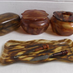 Antique English Faux Tortoiseshell Vanity Dresser Set Boudoir Pots and Tray