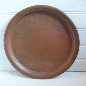 Antique Hammered Copper Large Round Tray Serving Platter Cocktails Tray