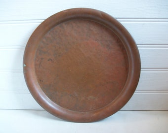 Antique Hammered Copper Large Round Tray Serving Platter