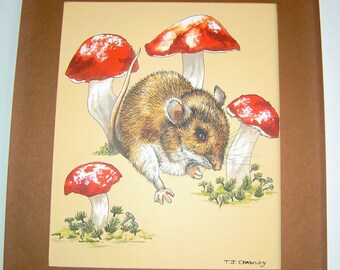 Vintage Mouse and Mushrooms Nature Painting Original Signed Art