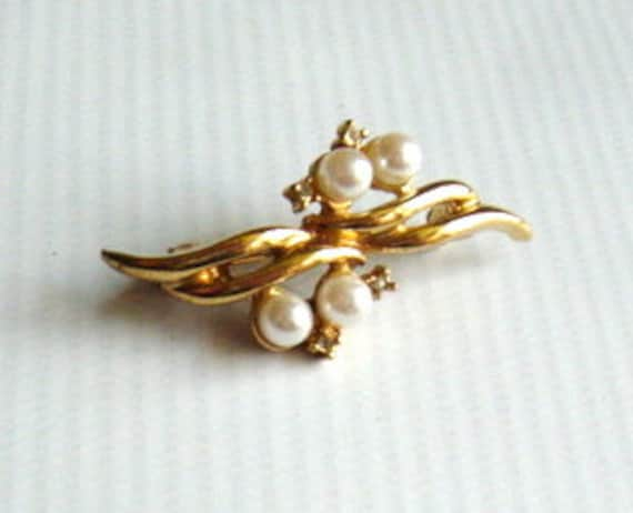 Vintage 1950s 1960s MCM Pearl and Rhinestone Gold… - image 2