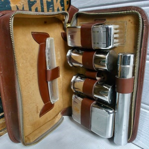 Mens Vintage English Leather Toiletries Grooming Shaving Dopp Travel Kit Art Deco Circa 1930s