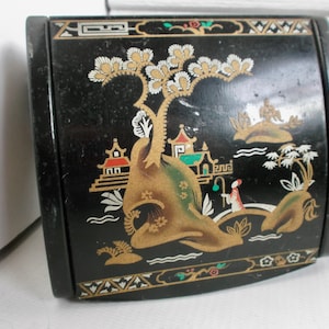 Scatola per sigarette asiatica vintage, scatola da boudoir nera per tabacco, metà secolo, anni '50