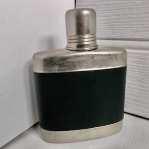 Mens Antique English Pocket Hip Flask Circa 1940s with Shot Cup Leather and Silver Liquor Container