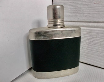 Mens Antique English Pocket Hip Flask Circa 1940s with Shot Cup Leather and Silver Liquor Container