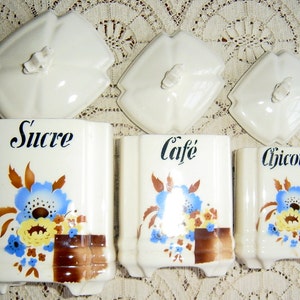 French Vintage Faience Canisters Set For Coffee, Sugar and Chicory Circa Art Deco 1920s 1930s