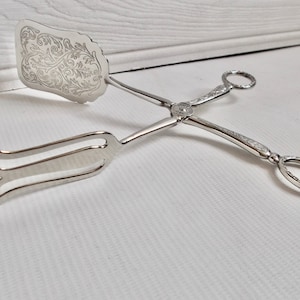 Vintage Silver Ornate Dining Serving Tongs Art Nouveau Style Decor