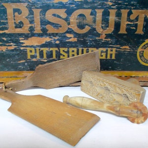 Antique 1800s Kitchenalia Set of Wood Butter Paddles, Butter Pat and Pie Crimper