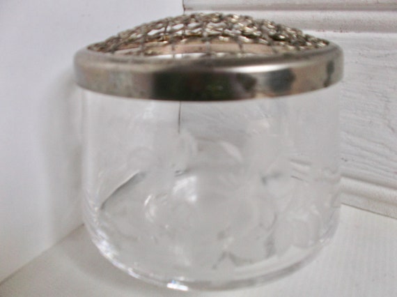 Vintage Etched Crystal Glass Rose Vase Wedding Flower Frog Dish