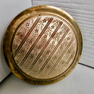 Vintage MCM Round Gold Metal Floral Design Powder Compact with Mirror