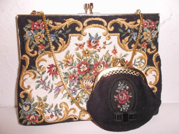 Floral Tapestry Petit Point Handbag with Coin Purs