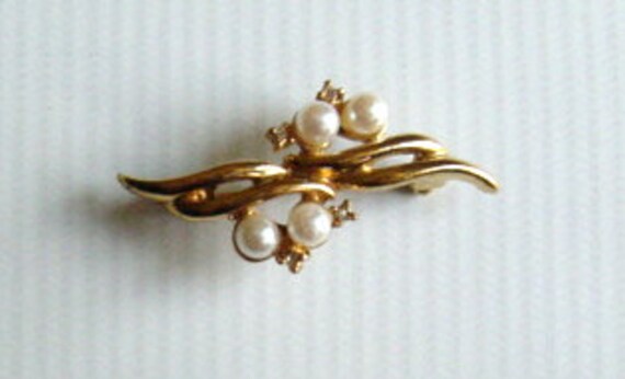 Vintage 1950s 1960s MCM Pearl and Rhinestone Gold… - image 3