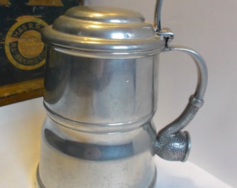 Rare Flagon Vintage Lidded Pewter Tankard with Pipe Handle