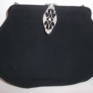 Sac à main de soirée Art Déco ancien style petite pochette noire en mousseline de soie et strass