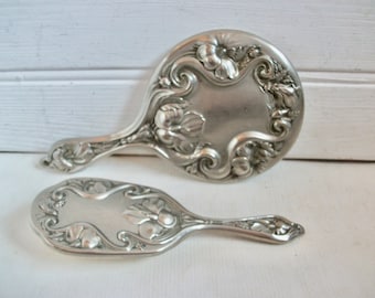 Antique Art Nouveau Silver Boudoir Mirror and Hairbrush Set