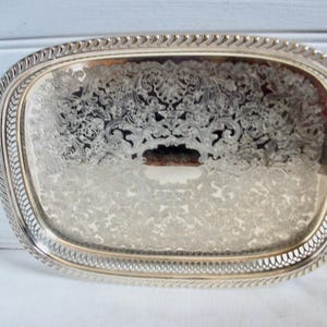 Vintage English MCM Ornate Silver Plated Tray Rectangle Gallery Cocktails or Dining and Serving Tray
