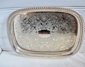Vintage English MCM Ornate Silver Plated Tray Rectangle Gallery Cocktails or Dining and Serving Tray