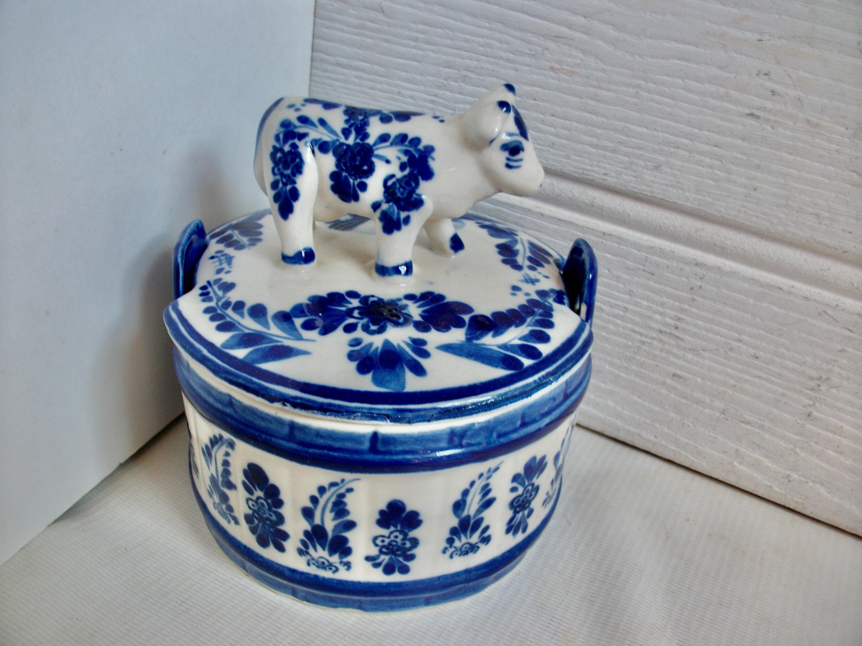 Vintage European Blue and White Cow Round Covered Butter Dish Made  display picture 1