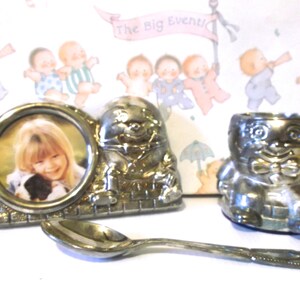 Vintage Silver MCM Baby&#39;s Egg Cup and Spoon with Picture Frame 1950s English Baby Gift