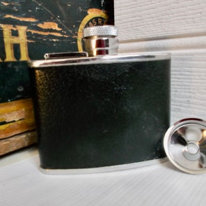 Vintage English Leather Wrapped Pocket Hip Flask with Flip Top and Funnel