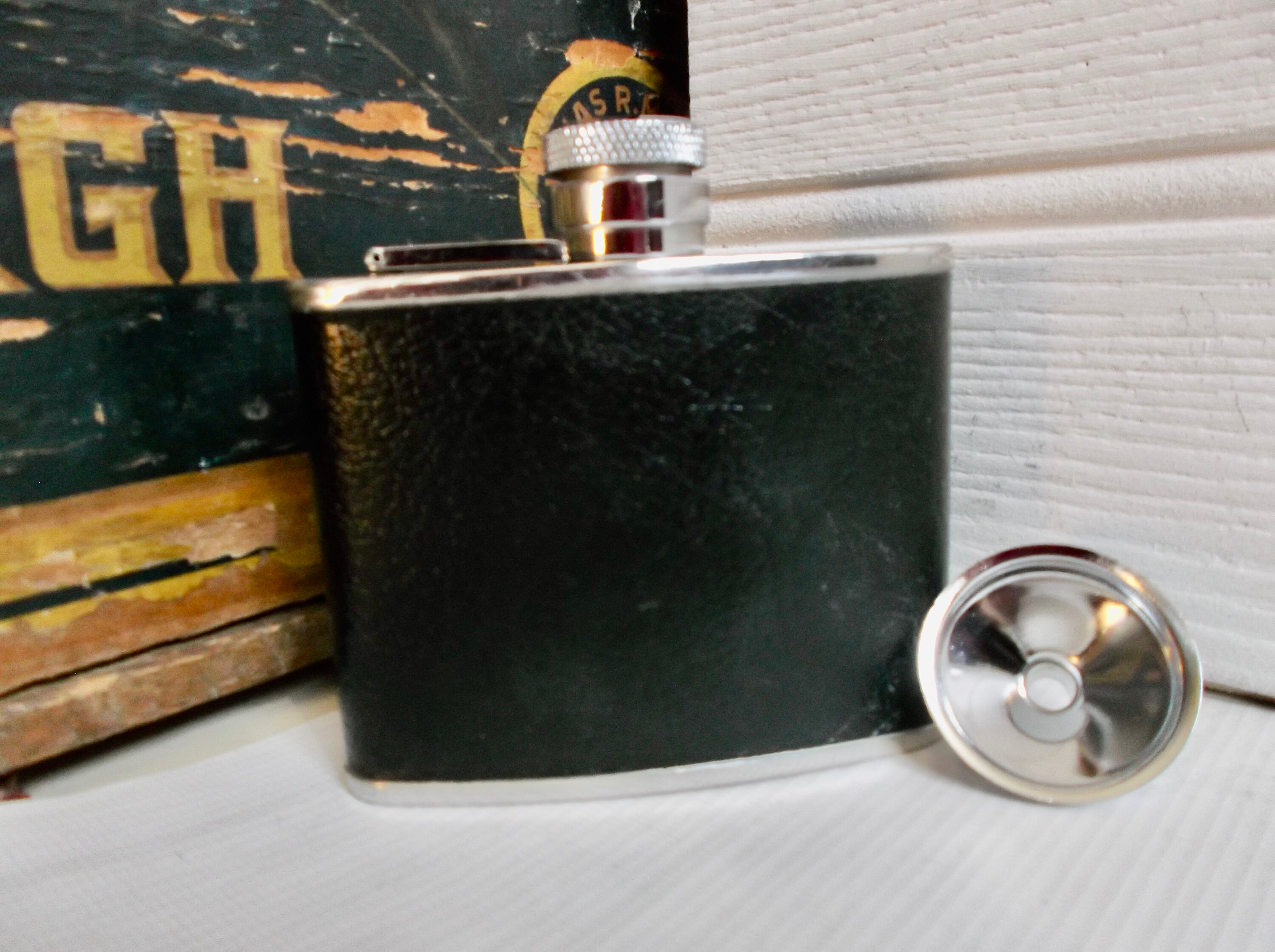 Vintage English Leather Wrapped Pocket Hip Flask with Flip Top and Funnel