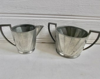 Vintage Art Deco English Hammered Pewter Sugar and Creamer Milk Jug Pitcher Tea Set 1920s