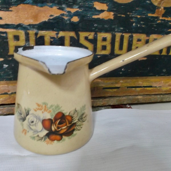 Vintage Floral Enamelware Warming Pot Espresso Coffee and Milk Pot European Saucier