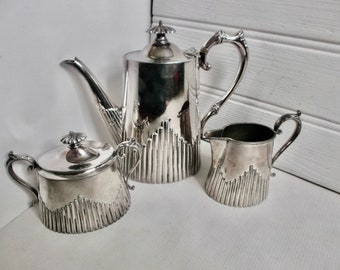 Antique Art Deco Ornate Silver Plated Coffee, Hot Chocolate or Tea Pot, Creamer and Sugar Pot Circa 1920s Half Fluted Design